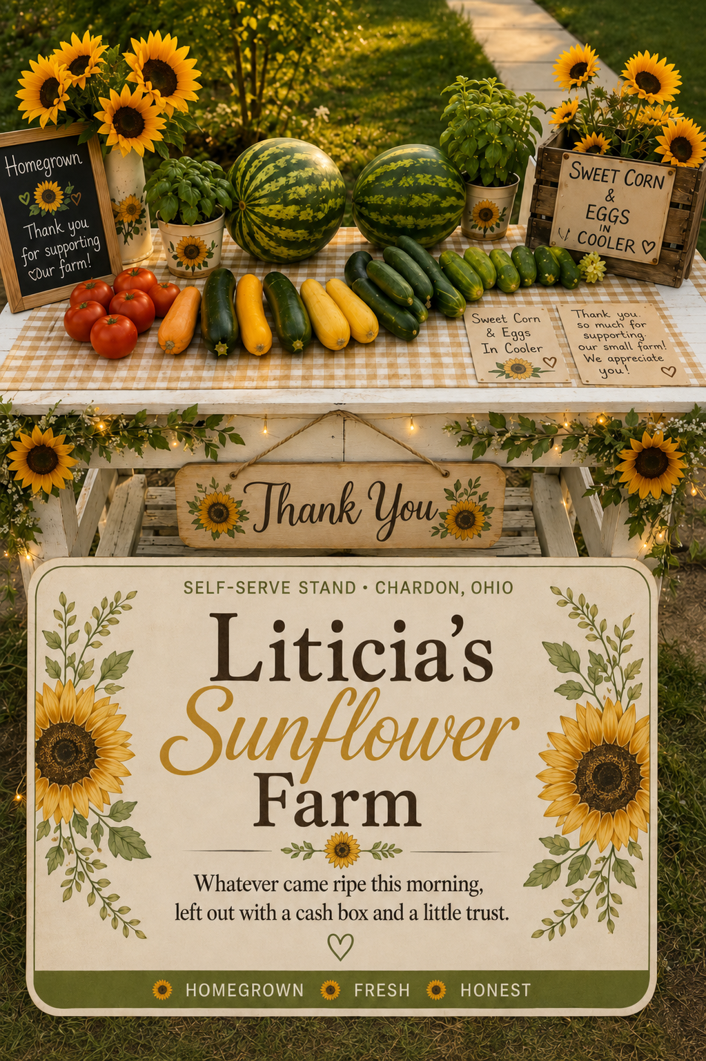 Liticia's Sunflower Farm stand with produce and sunflowers